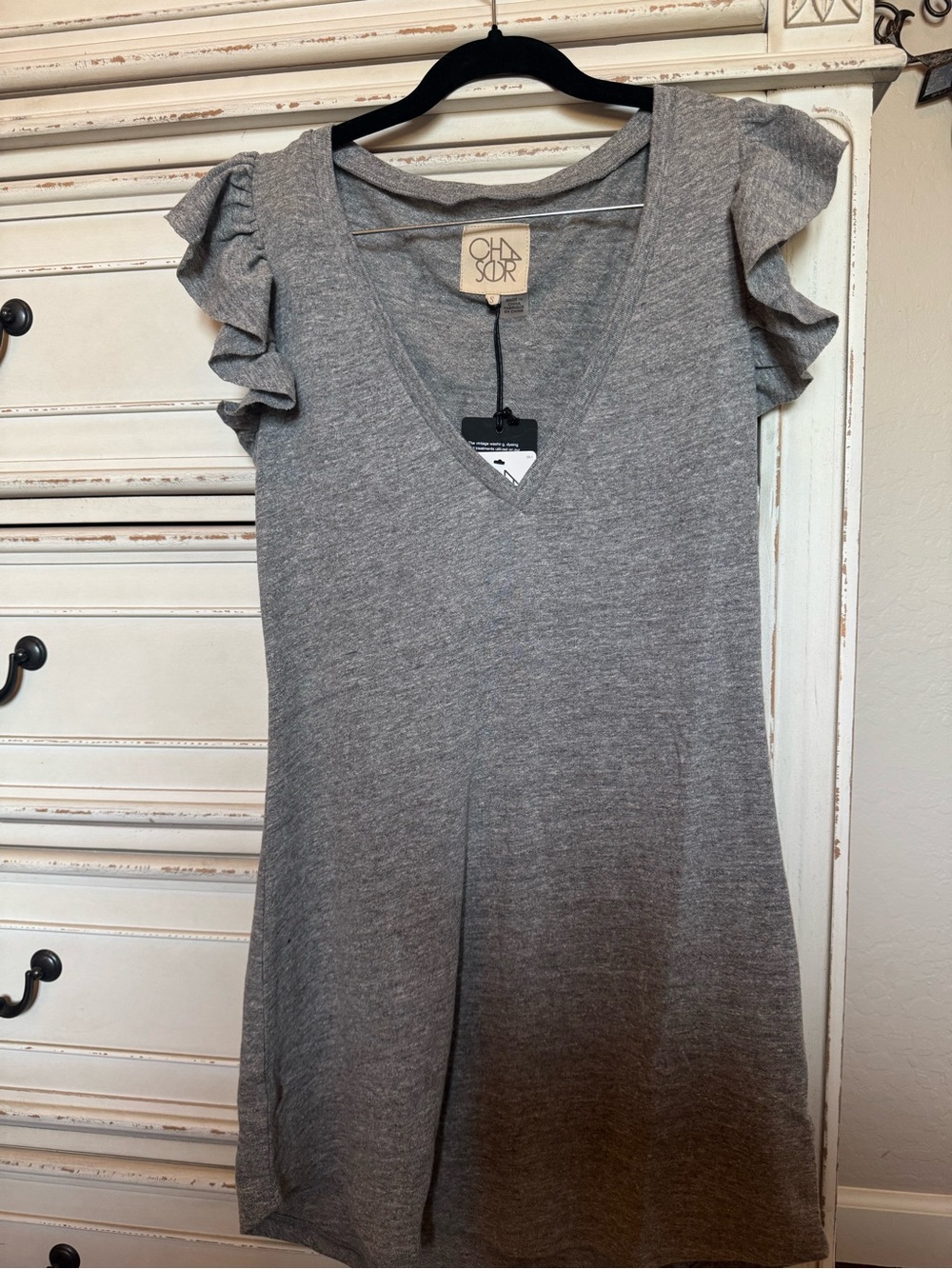 Chaser Women's Gray V-Neck Ruffle Sleeve Mini Dress